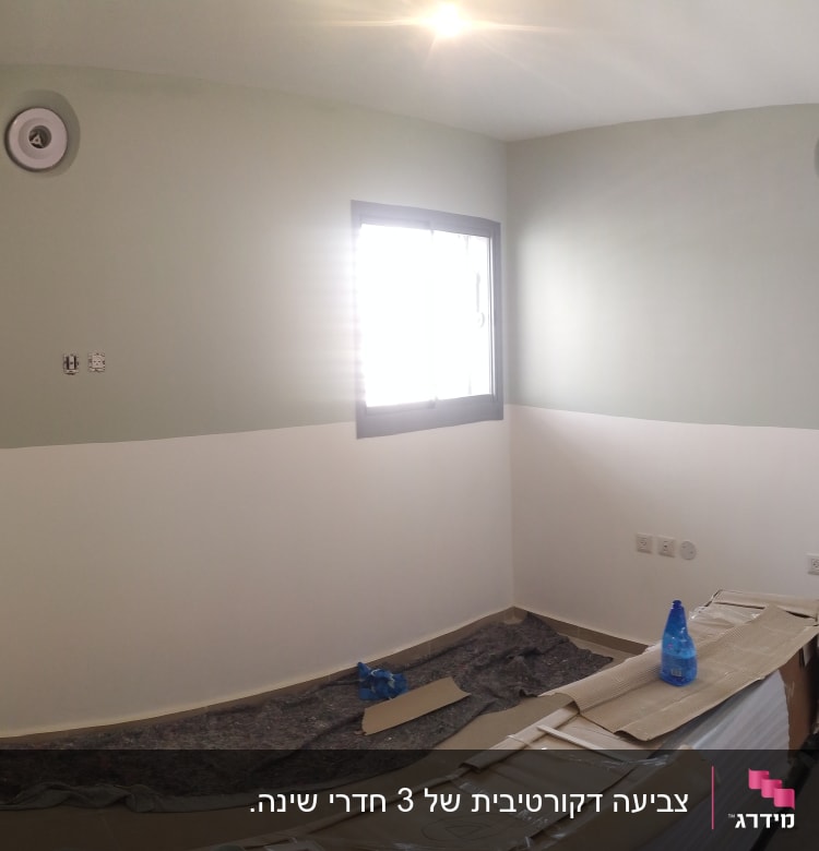 חדר צבוע בשני גוונים עם ציוד צביעה על הרצפה